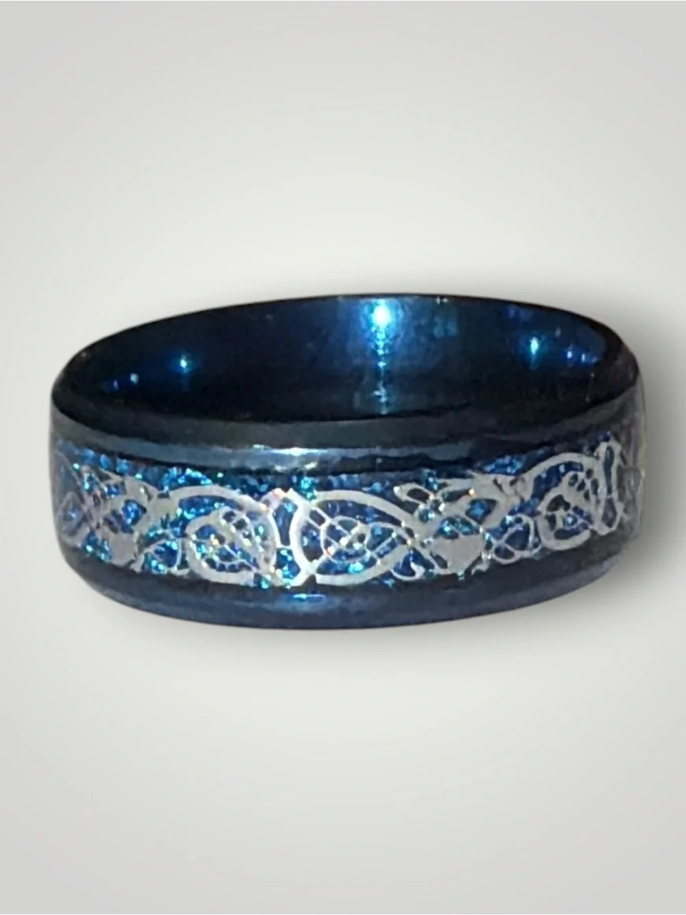 Blue Celtic Knot Stainless Steel Ring with Silver Inlay